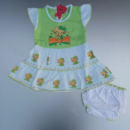 Girl Light Green White Cute Kitten Printed Frock and Bloomer