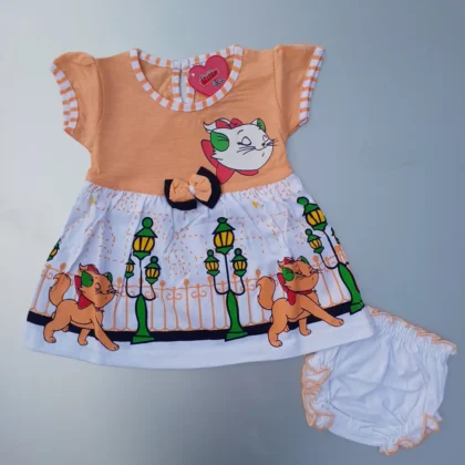 Girl Light Orange Cat Printed and Flutter Sleeve Frock With Bloomer