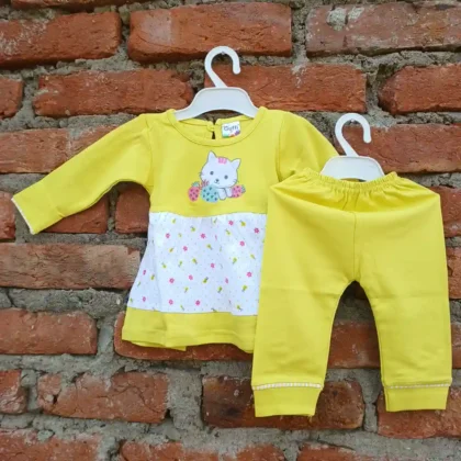 Girl Lime color Cat Embroidered White Print Full Sleeve Top Pyjama Soft Cotton