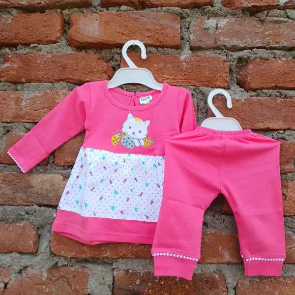 Girl Pink color Cat Embroidered Full Sleeves Top With Pyjama Soft Cotton1