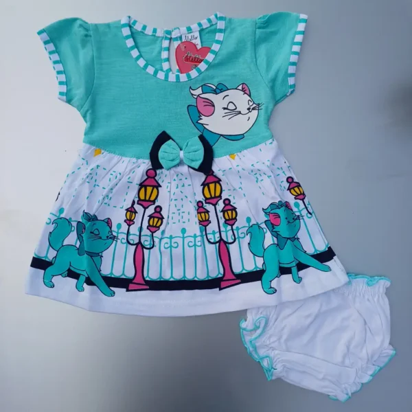 Girl Turquoise Cat Printed and Flutter Sleeve Frock With Bloomer