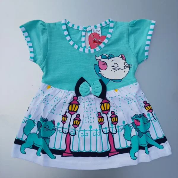Girl Turquoise Cat Printed and Flutter Sleeve Frock With Bloomer1