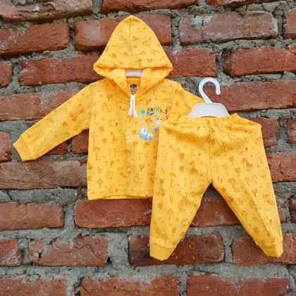 Gold Hoody Suit Full Sleeves and Pyjama Tree and Animal Party Printed
