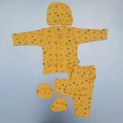 Golden Yellow Cotton Full Sleeves Printed Tee With V Neck Plus Pyjama Cap Socks