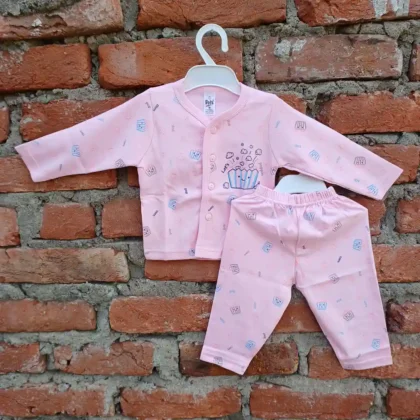 Pink Cotton Popcorn Printed Full Sleeves T-Shirt and Long Pyjama