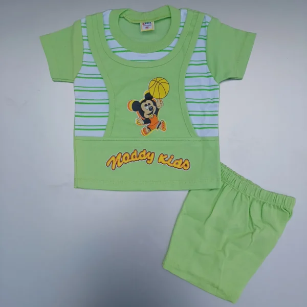 Light Green Baba Suit Double Layer Micky Mouse T-Shirt With Half Pant