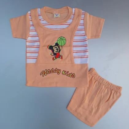 Light Salmon Color Double Layered Micky Mouse Print T-Shirt With Pant
