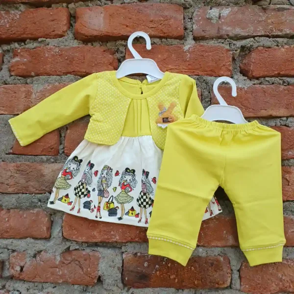 Lime Yellow Comfortable Cotton Print Casual Frock and Plain Pyjama
