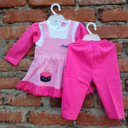 Magenta Apple Nice Printed Pure Soft Cotton Frock And Plain Pyjama