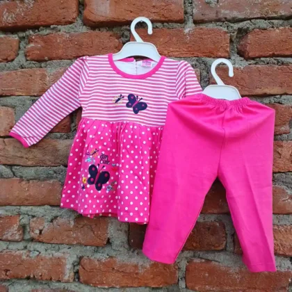 Magenta Butterfly Embroidered White Lining Printed Frock and Pyjama