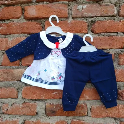 Navy Blue and White Front Printed Back Plain Frock With Long Length Partially Dot Printed Pyjama