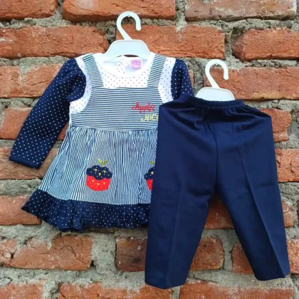 Navy Dangri Style Printed Cotton Frock And Plain Navy Elastic Pyjama
