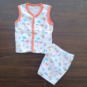New Born Coral Pink Color Printed Sleeveless T-Shirt and Pant