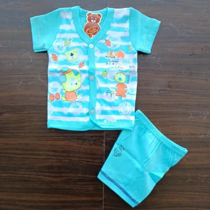 New Born Cotton Sleeveless Sky Blue Teddy Bear Print T Shirt Half Pant