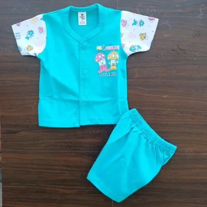 New Born Half Sleeve T-shirt With Half Pant Teal Color Printed On Sleeves