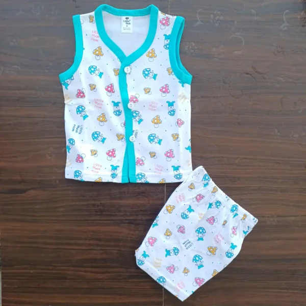 New Born Teal Color Sleeveless Printed T-shirt With Half Pant