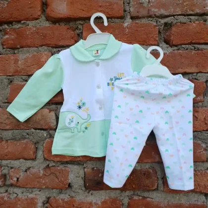Pale Green Girl Embroidery Collar Type Top Butterfly Print Pyjama Cotton