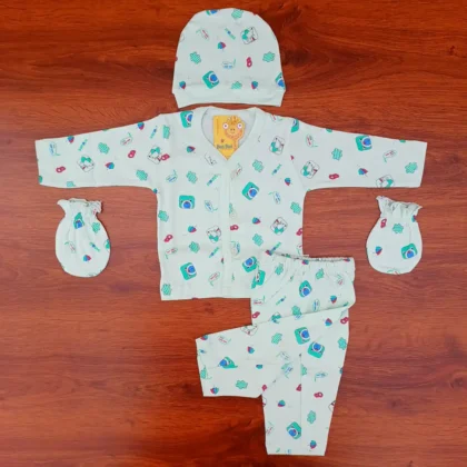 Palegreen Color Cotton Full Sleeves Printed Full Tee with Pyjama Cap Mitten
