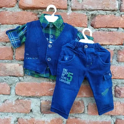 Party Green Black Checks Full Sleeves Shirt Denim Jacket And Pant1
