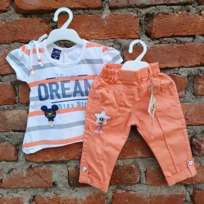 Peach And Grey Line White Printed Top And Capri Pant Girl Party Wear