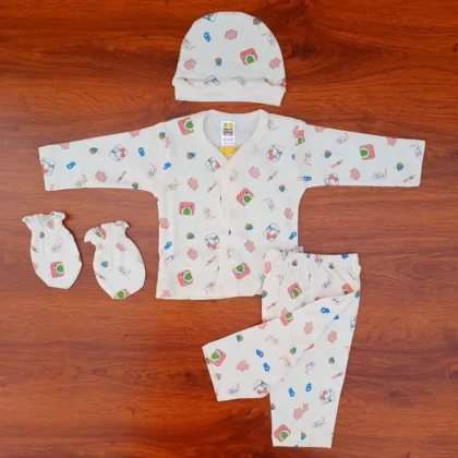 Peach Cotton Full Sleeves Printed Tee with Pyjama Cap Mitten