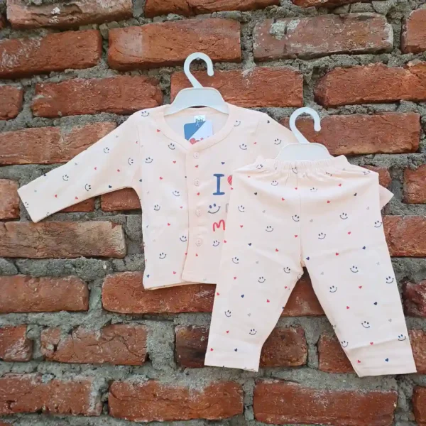 Peach Soft Cotton Popcorn Printed Full Sleeves T-Shirt and Long Pyjama