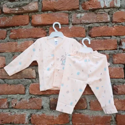 Peach Soft Cotton Popcorn Printed Full Sleeves Tshirt and Long Pyjama