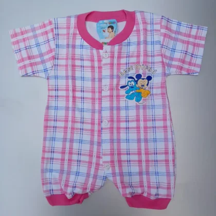 Pink-White Color Micky Printed Half Sleeves Kid Pure Cotton Jumpsuit