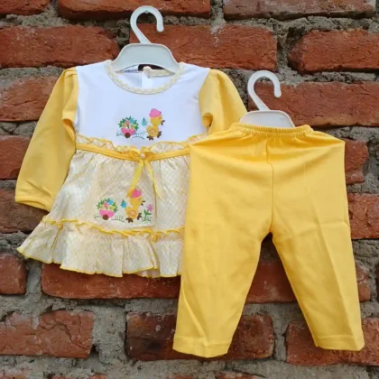 Playing Duck Embroidery Square Check Printed Girls Regular Wear Yellow