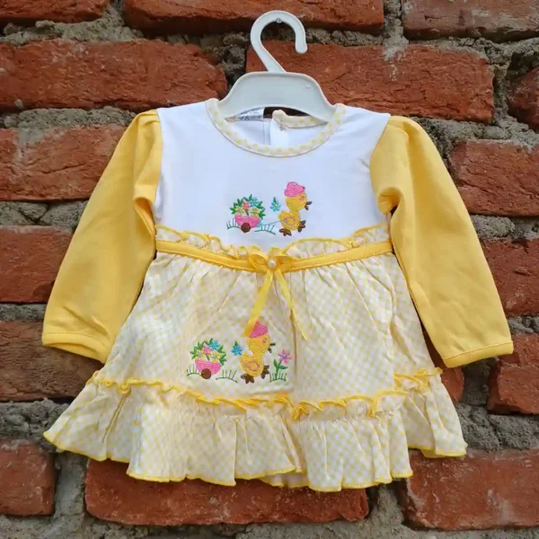 Playing Duck Embroidery Square Check Printed Girls Regular Wear Yellow1