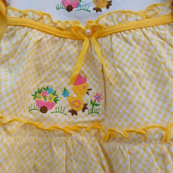 Playing Duck Embroidery Square Check Printed Girls Regular Wear Yellow5
