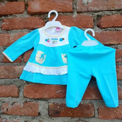 Printed Frock Aqua Color Full Sleeves Cotton White Dot and Pyjama
