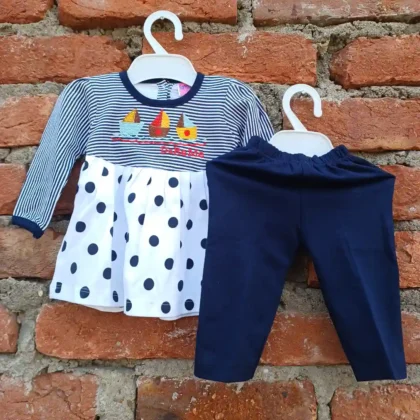 Printed Frock Navy Blue Thin Lining Large Dots With Back Button Pyjama