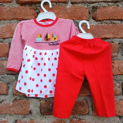 Printed Frock Red Thin Lining Large Dots With Back Button and Pyjama