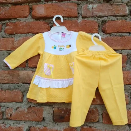 Printed Frock Yellow Color Full Sleeves Cotton White Dot and Pyjama