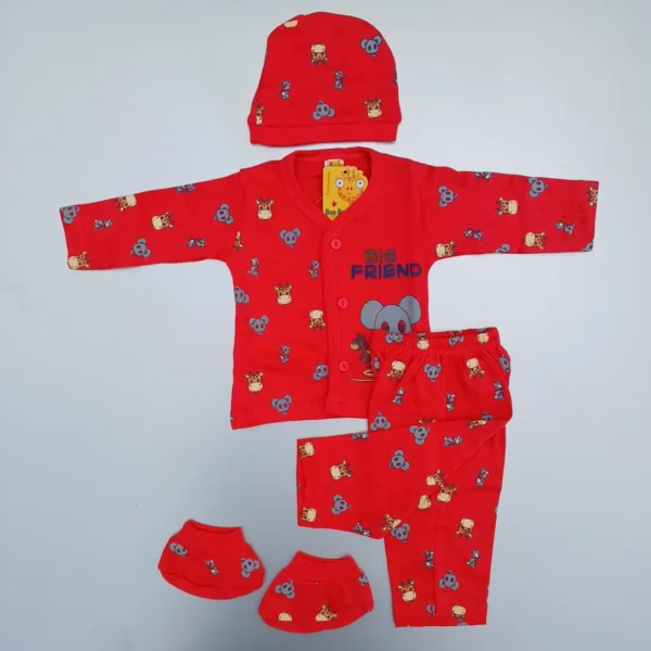 Red Color Cotton Full Sleeve Animal Printed Tee With Pyjama Cap Socks