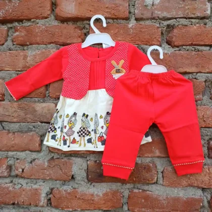 Red Cotton Printed Party Girl's Casual Frock and Plain Pyjama