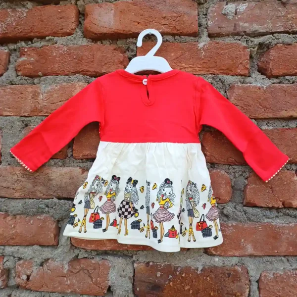 Red Cotton Printed Party Girl's Casual Frock and Plain Pyjama3