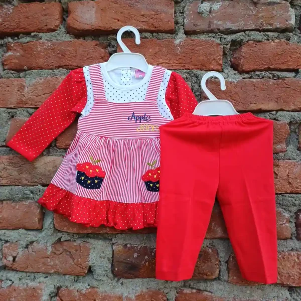 Red Dangri Style Printed Pure Soft Cotton Frock And Plain Pyjama