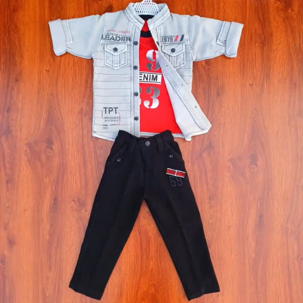 Red Half Denim T-Shirt With Olive Grey Stretchable Jacket and Black Jeans1