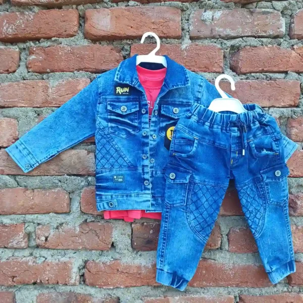Red Hoody Half Sleeves Cotton T-Shirt with Denim Blue Jeans Jacket Pant7