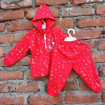 Red Hoody Suit Full Sleeves and Pyjama Tree and Animal Party Printed
