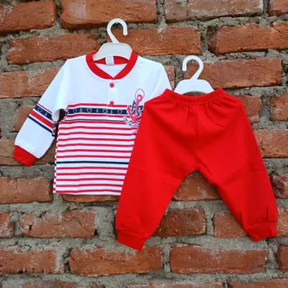 Red White Thick Line Ocean Sailing Print Round Neck With Dual Bottom