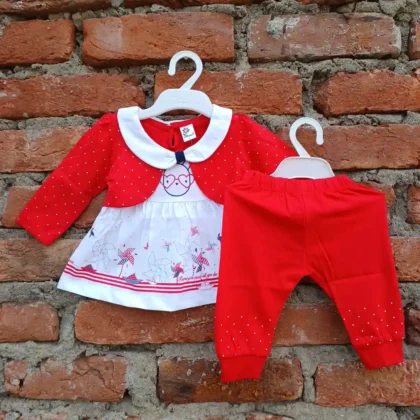 Red and White Front Printed Back Plain Frock With Button Closing Partially Dot Printed Pyjama