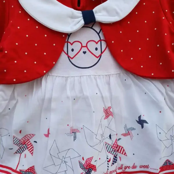 Red and White Front Printed Back Plain Frock With Button Closing Partially Dot Printed Pyjama2