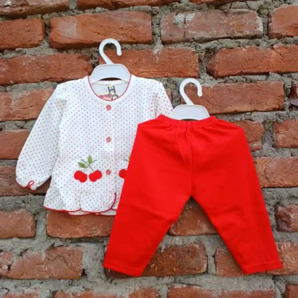 Round Zig Zag Neck Cherry Embroidery White Red Print Frock And Pyjama