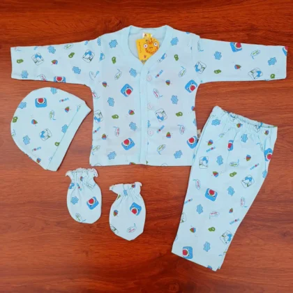 Sky Color Cotton Full Sleeves Printed Tee With Pyjama Cap Mitten