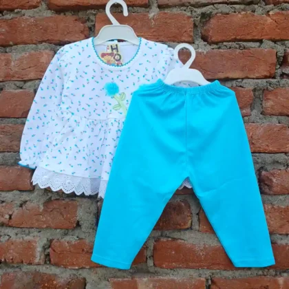 Sky Flower Printed Pure Cotton Girls Casual Frock & Plain Long Pyjama