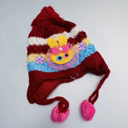 Unisex Woolen Kintted With Dark Red and 3 Different Colors Winter Cap For Baby upto 1 year -1pc]