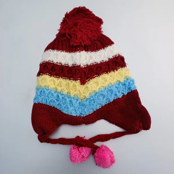 Unisex Woolen Kintted With Dark Red and 3 Different Colors Winter Cap For Baby upto 1 year1 -1pc]